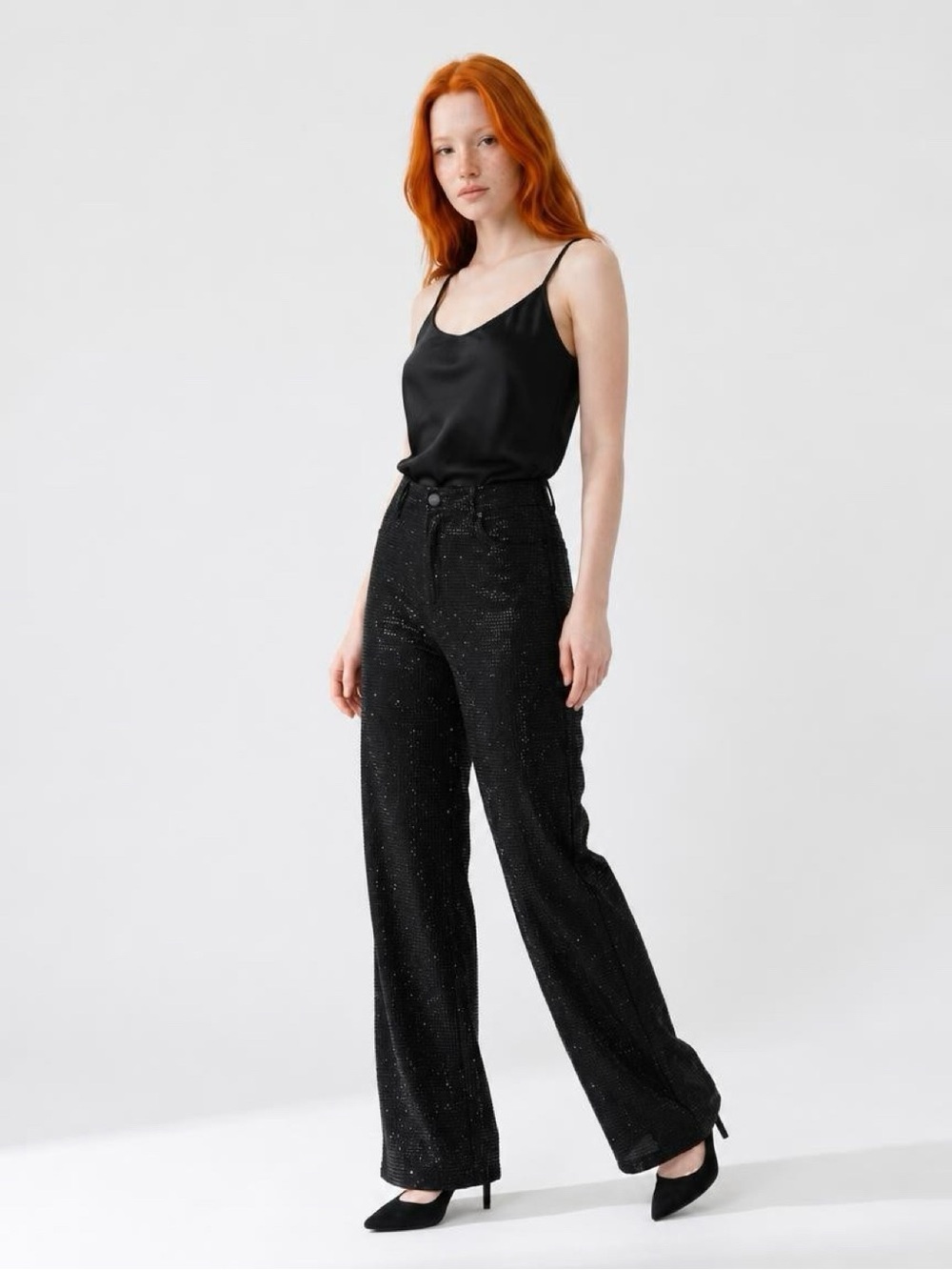 Black Wide-Leg metallic Rhinestone Jeans